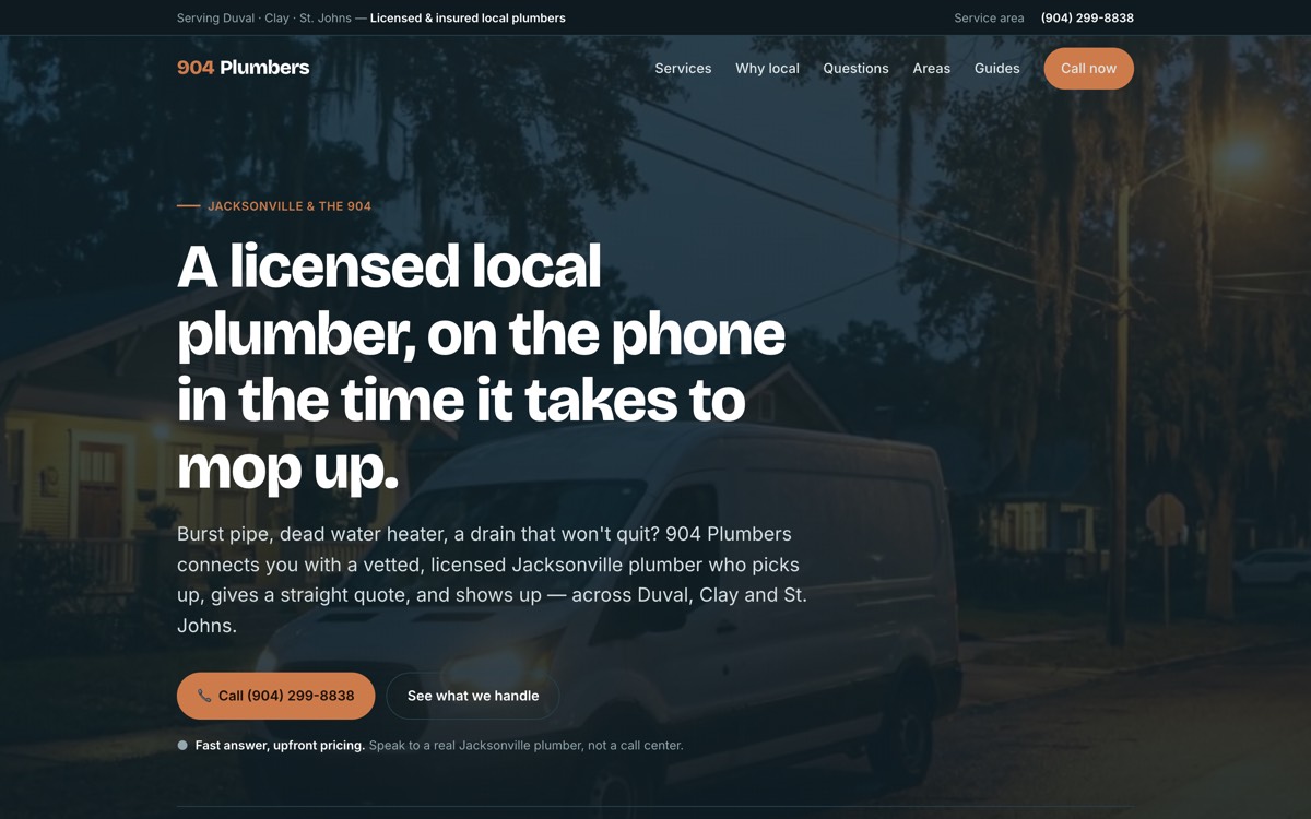 The 904 Plumbers homepage with a service van at dusk behind the headline