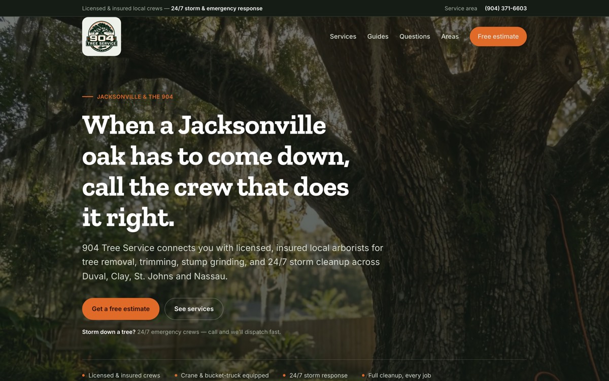The 904 Tree Service homepage