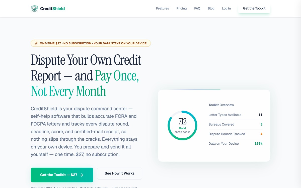 The CreditShield homepage showing the dispute toolkit and a credit score dial