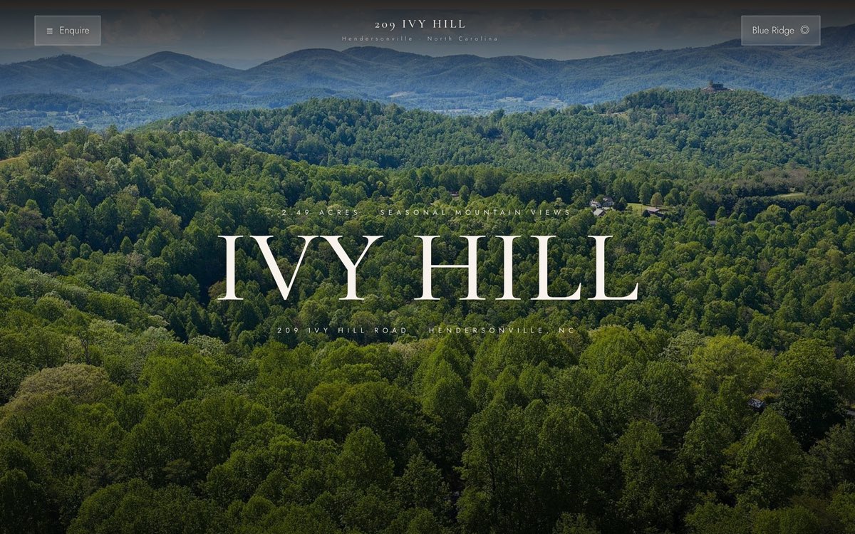 The 209 Ivy Hill listing page, Blue Ridge mountains behind the words Ivy Hill