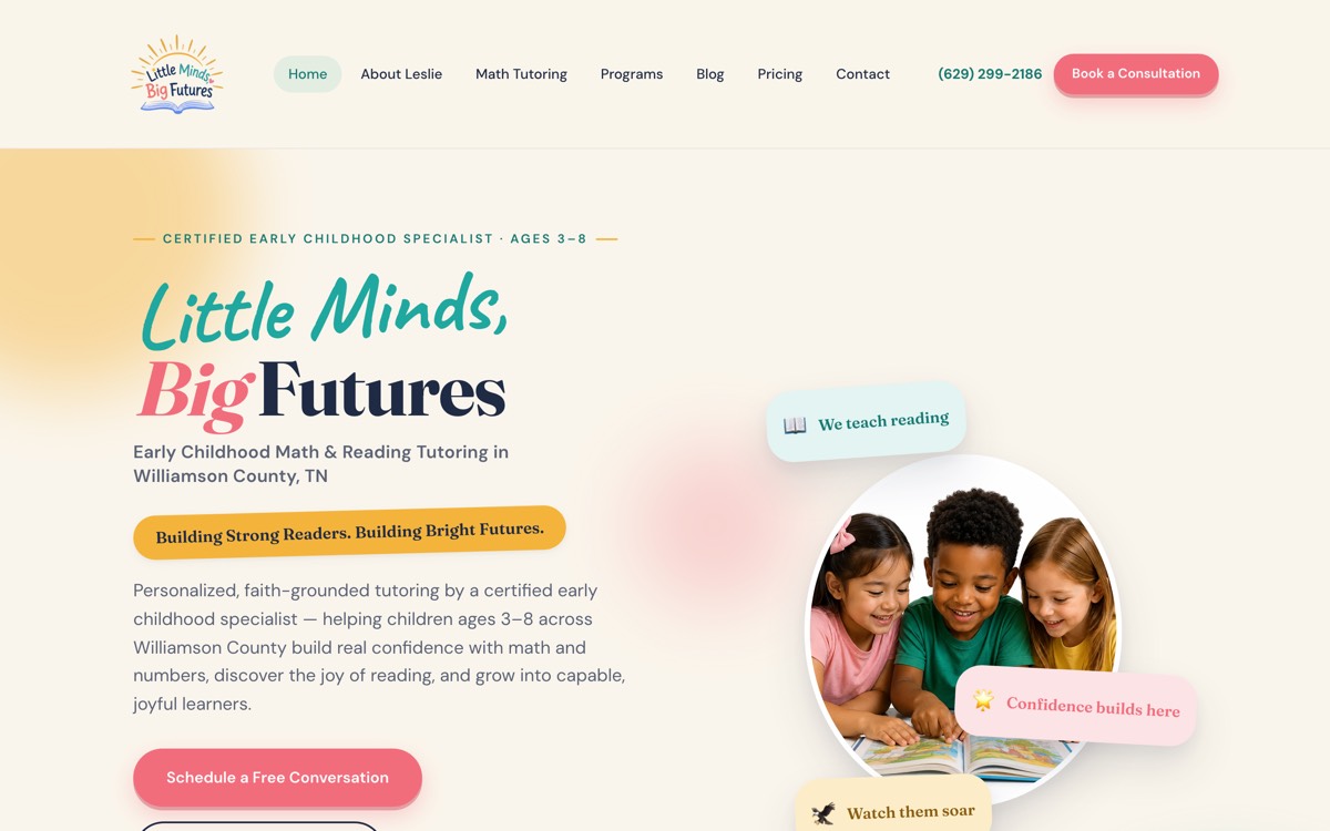 The Little Minds Big Futures homepage, three children reading together