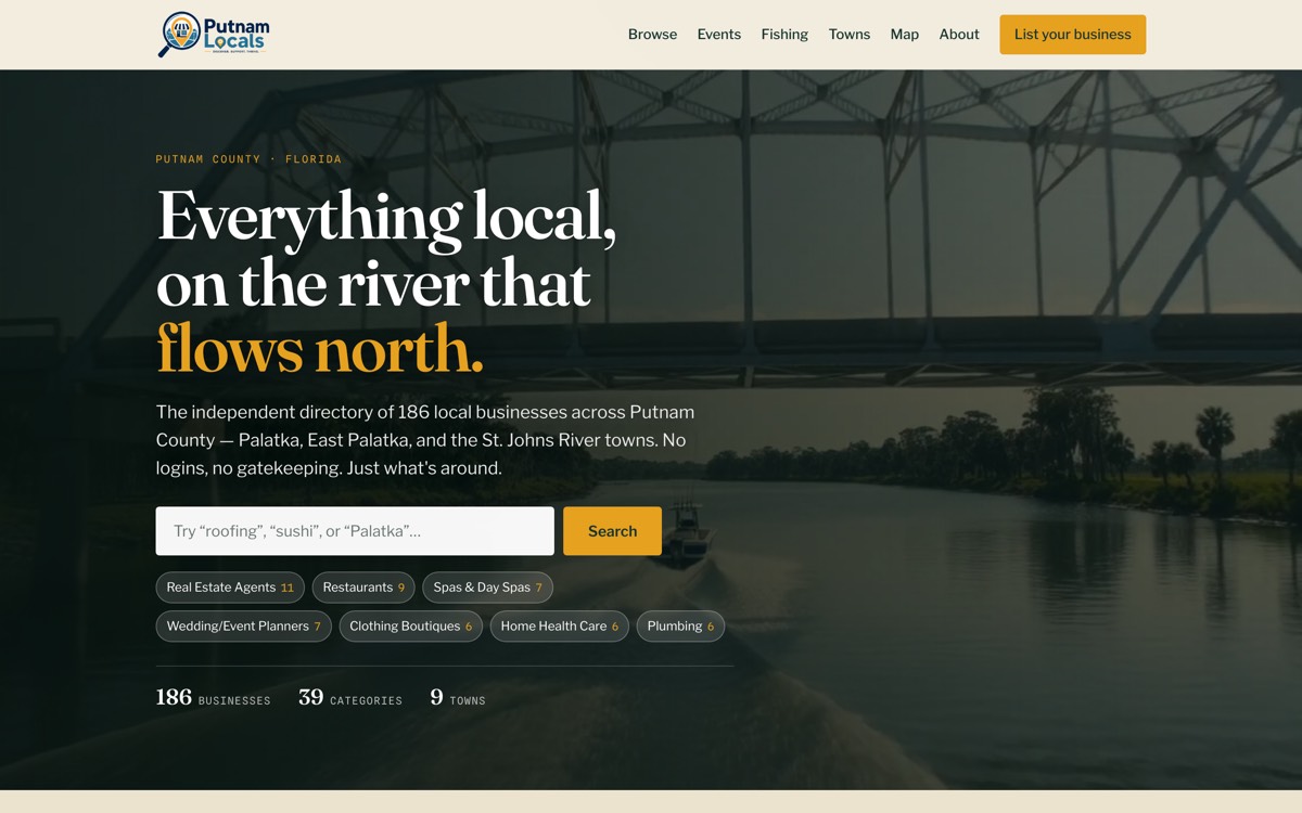 The Putnam Locals directory homepage showing local business listings and a map